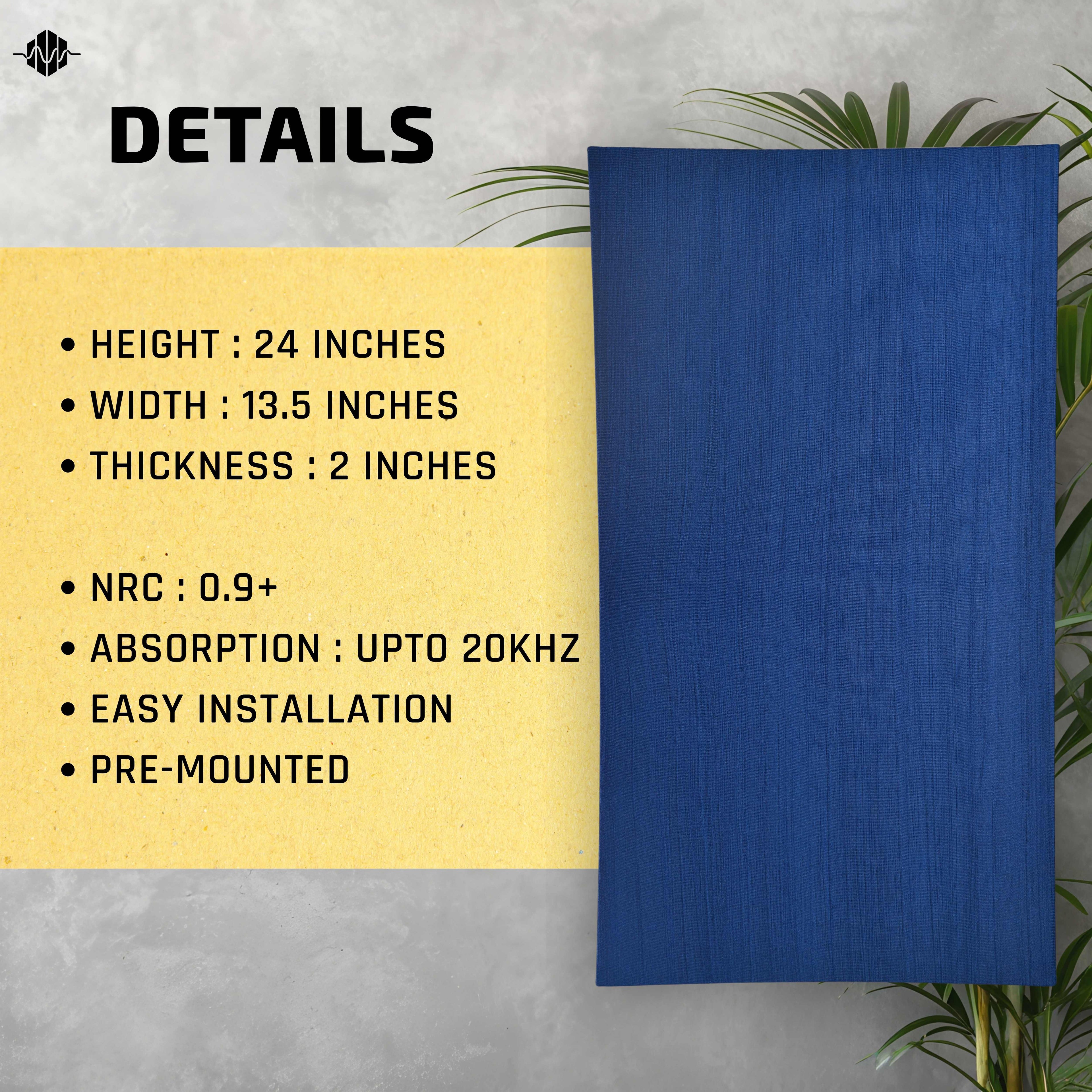 Artiqtone Audio Labs - Rockwool Acoustic Sound Proofing Panels - ROYAL BLUE | 24" x 13.5" x 2" | NRC - 0.9