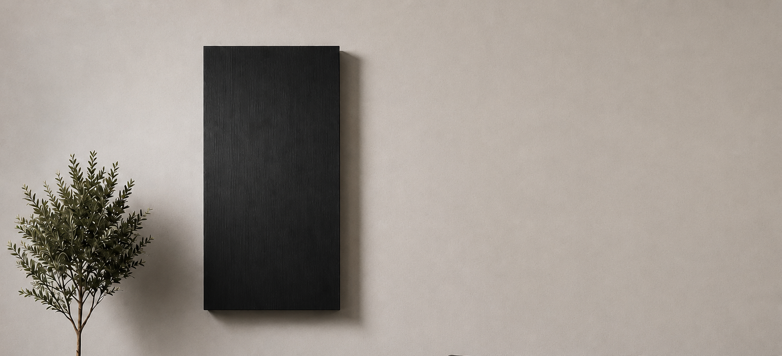 A minimalist living room scene featuring a deep black rockwool panel